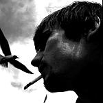 Мужчина с сигаретой на фоне неба с пролетающей чайкой