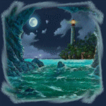 Ночное море, луна и маяк. взгляд из пещеры