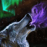 Воющий фиолетовым пламенем волк, на фоне северного сияния...