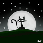 Черный кот сидит на фоне луны и звезд