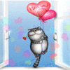 Кот летает на воздушных шарах в форме сердечек