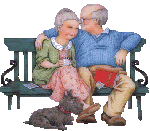 Двое пожилых людей на скамеечке, рядом лежит пес смайлики картинки