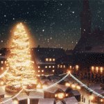 Светящаяся новогодняя елка на городской площади, снег опу...