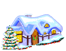Падает снег, рядом с домиком наряжена елка