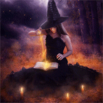 Ведьма в черном платье и колпаке с магической книгой, сид...