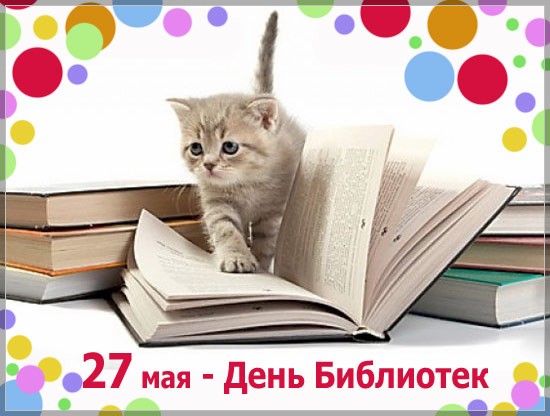 Открытки. 27 мая С днем библиотек! Котенок шагает по книгам