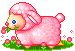 Розовая овечка среди розовых цветов