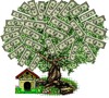Дерево с листьями из долларов и маленький домик