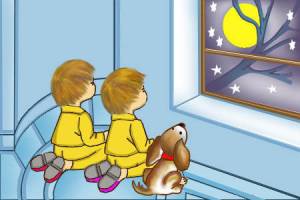 Доброй ночи! Малыши у окна смотрят на Луну