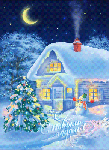 С Новым годом! Снеговик, елка, домик с огнями