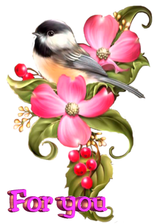 Открытка для Тебя.Розовый цветок с птицей и ягодами