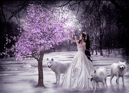 Девушка с цветущим среди зимы деревом