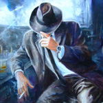 Мужчина сидит в деловом костюме и шляпе и курит