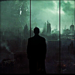 Мужчина смотрит на разрушенный город через окно