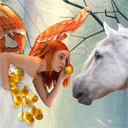 Фея угощает белого коня золотыми яблоками