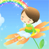 Маленькая фея сидит на цветке, в голубом небе играет радуга