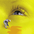 Глаз на жёлтом фоне с рисующим маляром