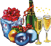 Шампанское, новогодние игрушки и подарок