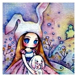  <b>Девочка</b> в шапке с кроличьими ушками и кроликом в руках 