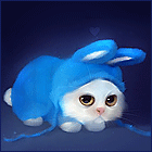 Недовольный белый кролик в голубом костюмчике шевелит ушк...