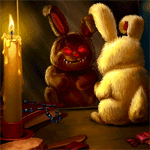 Злобный кролик сидит у зеркала со свечей