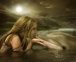 Девушка с дельфином при луне