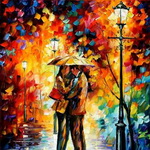  Двое влюблённых под зонтиком в <b>осеннем</b> парке поздним вече... 
