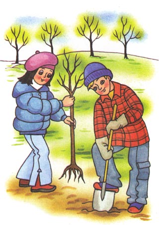 Весна. Ребята сажают деревья
