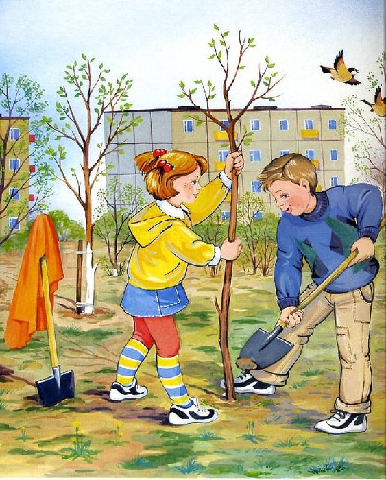 Мальчик и девочка сажают деревья