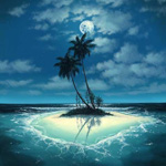  Остров с <b>двумя</b> растущими пальмами на ночью в лунном свете 