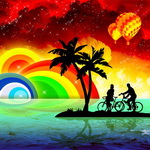  Двое на велосипедах на <b>островке</b> с пальмами посреди моря 