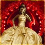 Принцесса в золотистом платье сидит на алом троне
