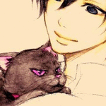 Красивый аниме парень с кошкой на плече
