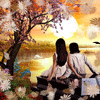 Парень с девушкой на закате сидит на рояле на берегу реки