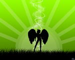  Ангел с крульями черный силуэт на <b>зеленом</b> фоне 