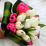  <b>Букет</b> из розовых и белых тюльпанов в руке человека 