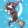 Котенок на фоне луны летит на метле