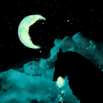  Волк стоит в окружении облаков, с куском луны в <b>зубах</b> 