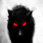  Черный волк с красными <b>горящими</b> глазами, на белом фоне 