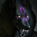 Скалящийся волк с фиолетовыми символами на морде