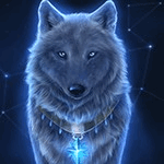 Серый волк в ошейнике с синей звездой на фоне ночного неба