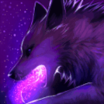Фиолетовый волк на фоне звезд, с розовым пламенем из паст...