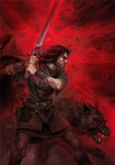 Воин с мечом и волком в ярости на красном фоне