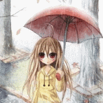 Анимешная девочка с зонтом стоит под дождём