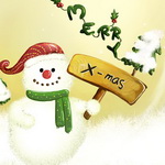 Снеговик держит табличку merry x-mas