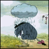 Над осликом иа из мультфильма винни пух льет дождь из тучи
