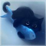  Черный кот на <b>сером</b> фоне с большой рыбой в руках 