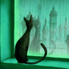  Кошка сидит на подоконнике и <b>смотрит</b> на дождь за окном 
