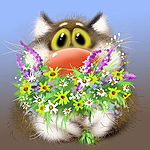 Пушистый кот с букетом цветов