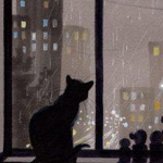  Кот сидит на <b>подоконнике</b> и смотрит на идущий на улице дождь 